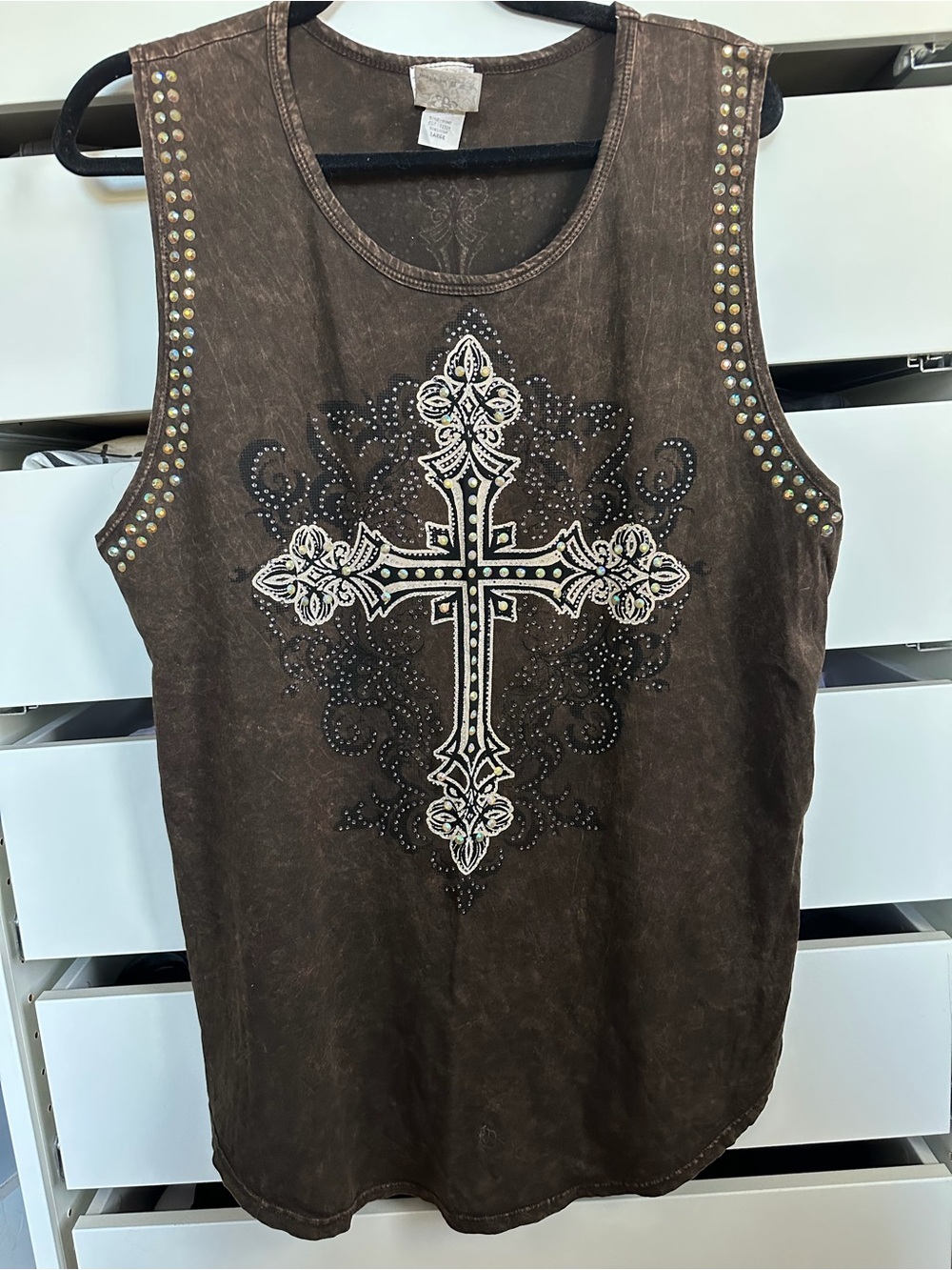 Vocal Studded Brown Sleeveless Tank with Cross Appliqué